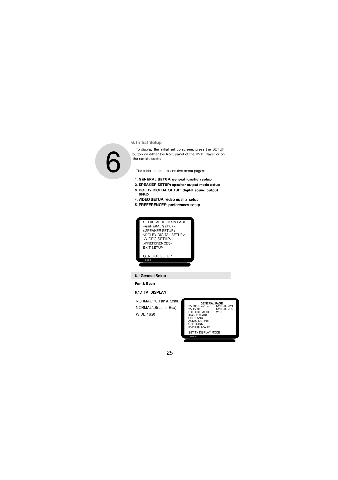 Audiovox DV-1680 manual Initial Setup, General Setup Pan & Scan, TV Display 