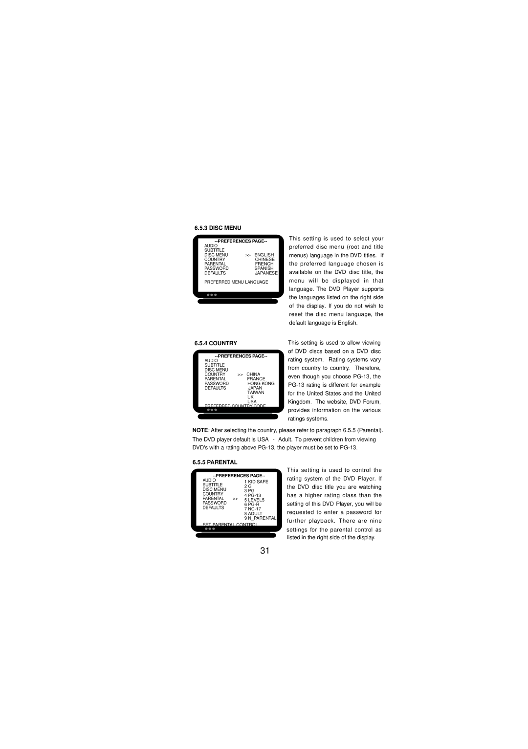 Audiovox DV-1680 manual Disc Menu, Country, Parental 