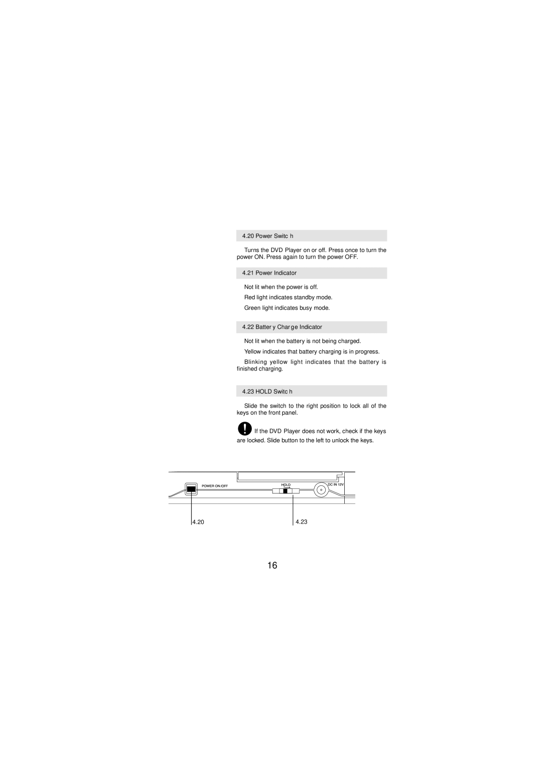 Audiovox DV 1680 warranty Power Switch, Power Indicator, Battery Charge Indicator, Hold Switch 