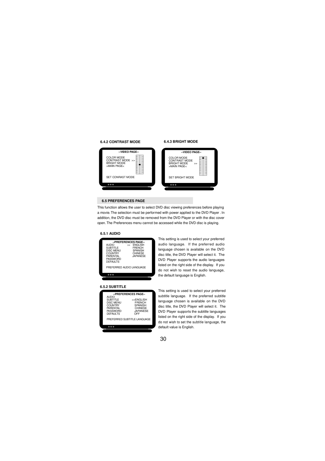 Audiovox DV-1680 manual Contrast Mode, Bright Mode, Preferences Page, Audio, Subtitle 