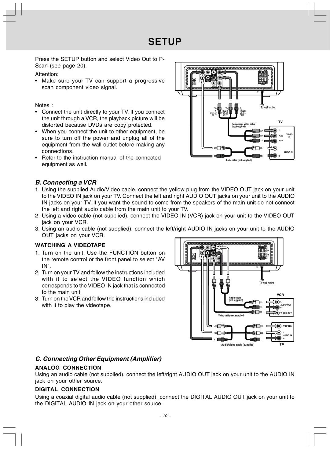 Audiovox DV 7300 Connecting a VCR, Connecting Other Equipment Amplifier, Watching a Videotape, Analog Connection 