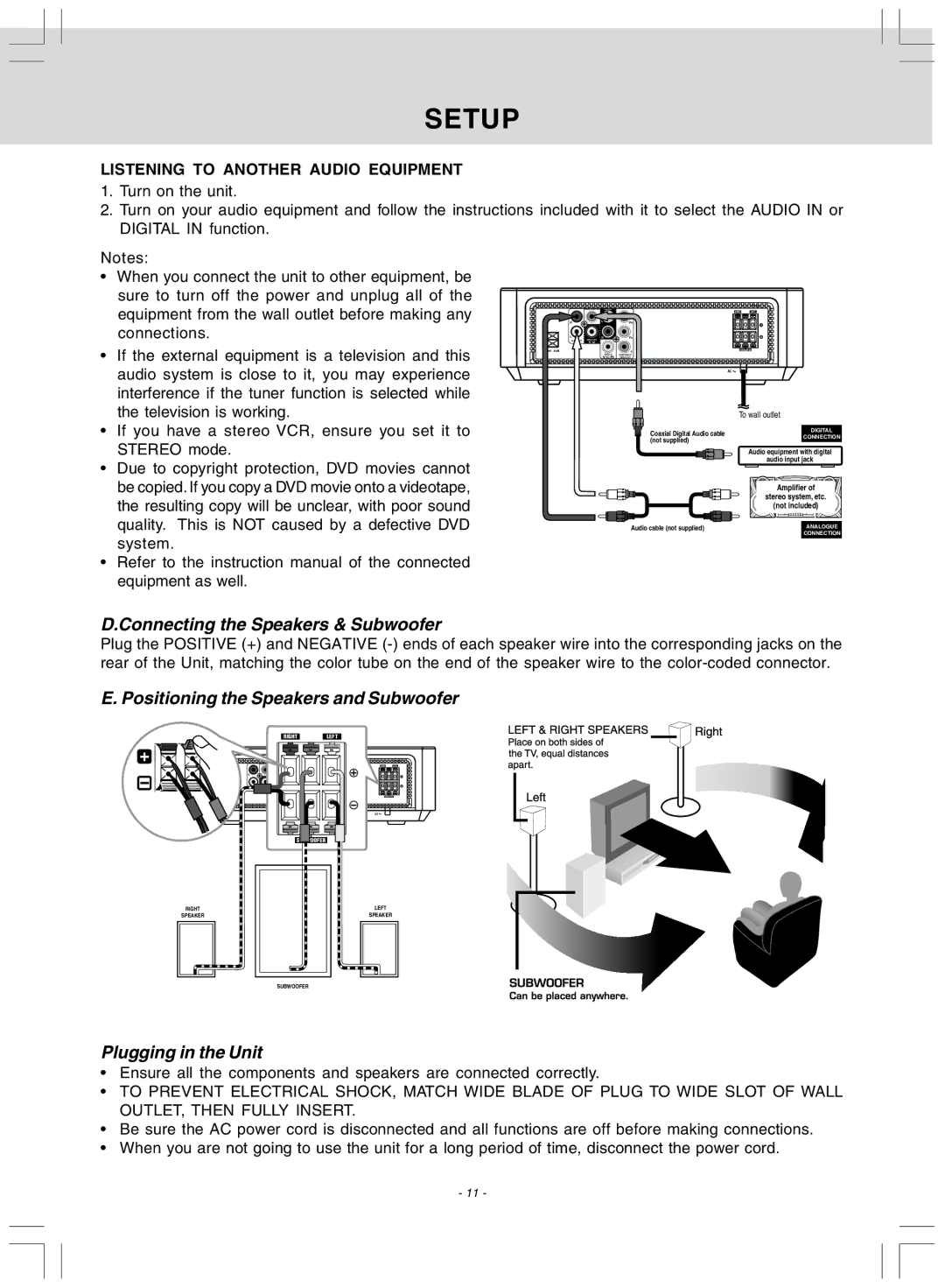 Audiovox DV 7300 Connecting the Speakers & Subwoofer, Positioning the Speakers and Subwoofer, Plugging in the Unit 