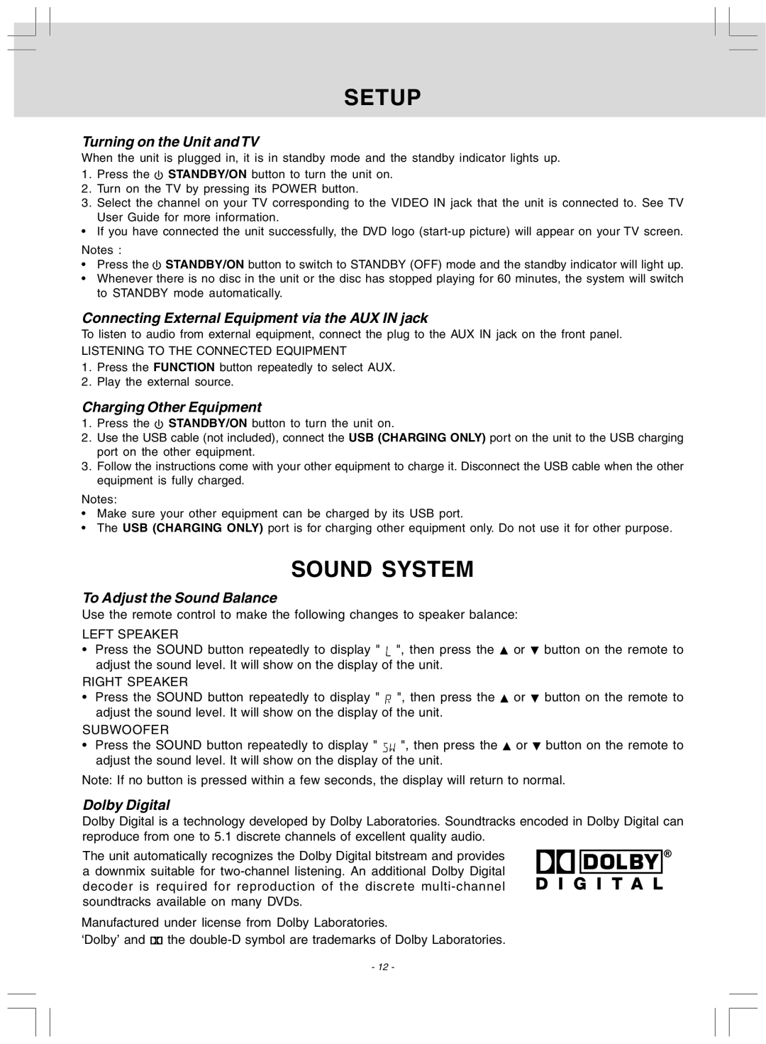 Audiovox DV 7300 operating instructions Sound System 