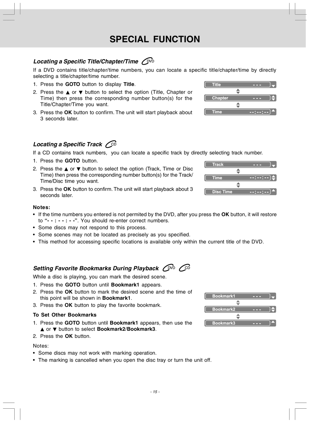 Audiovox DV 7300 operating instructions Special Function, Locating a Specific Title/Chapter/Time, Locating a Specific Track 