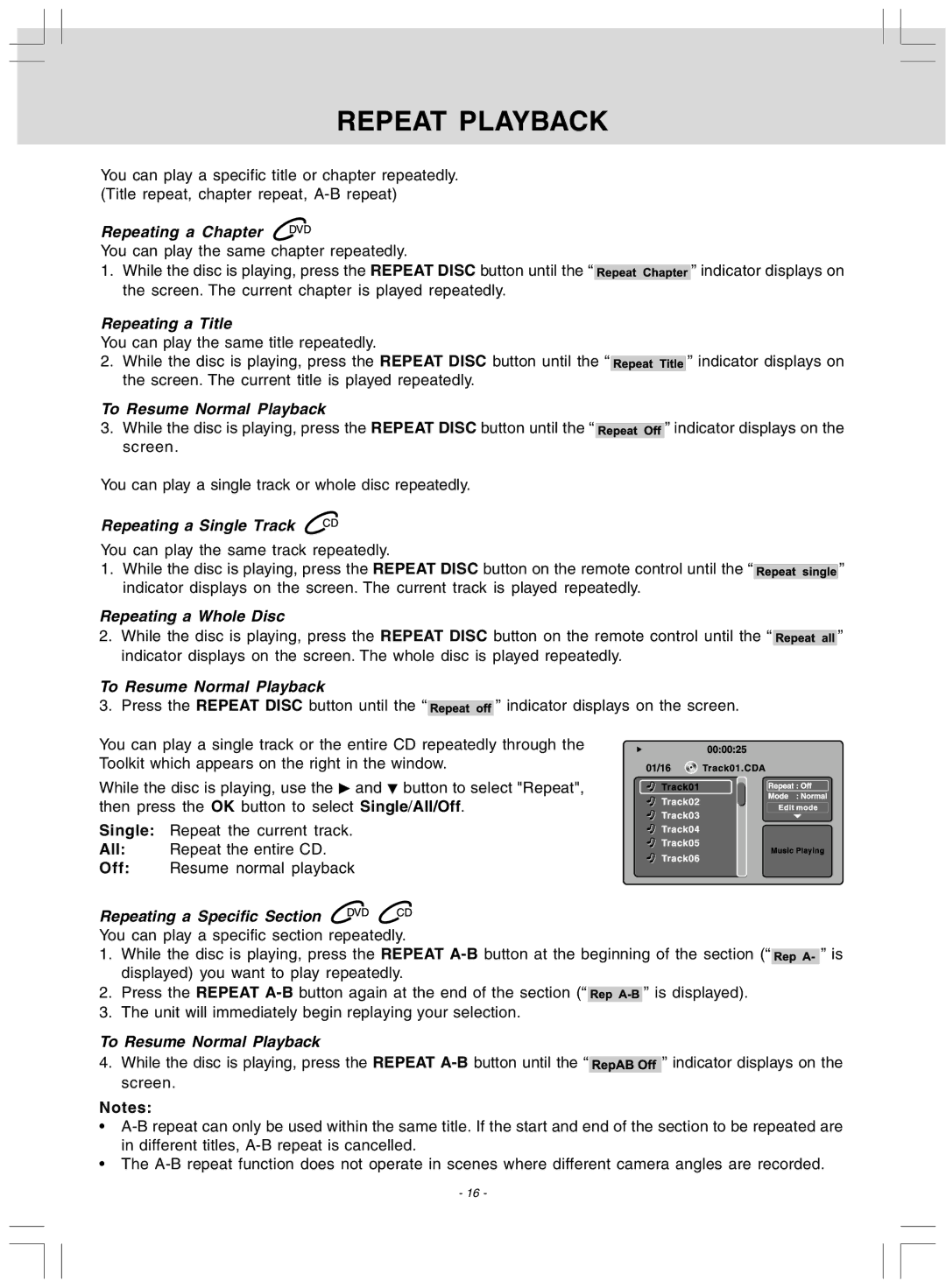 Audiovox DV 7300 operating instructions Repeat Playback 