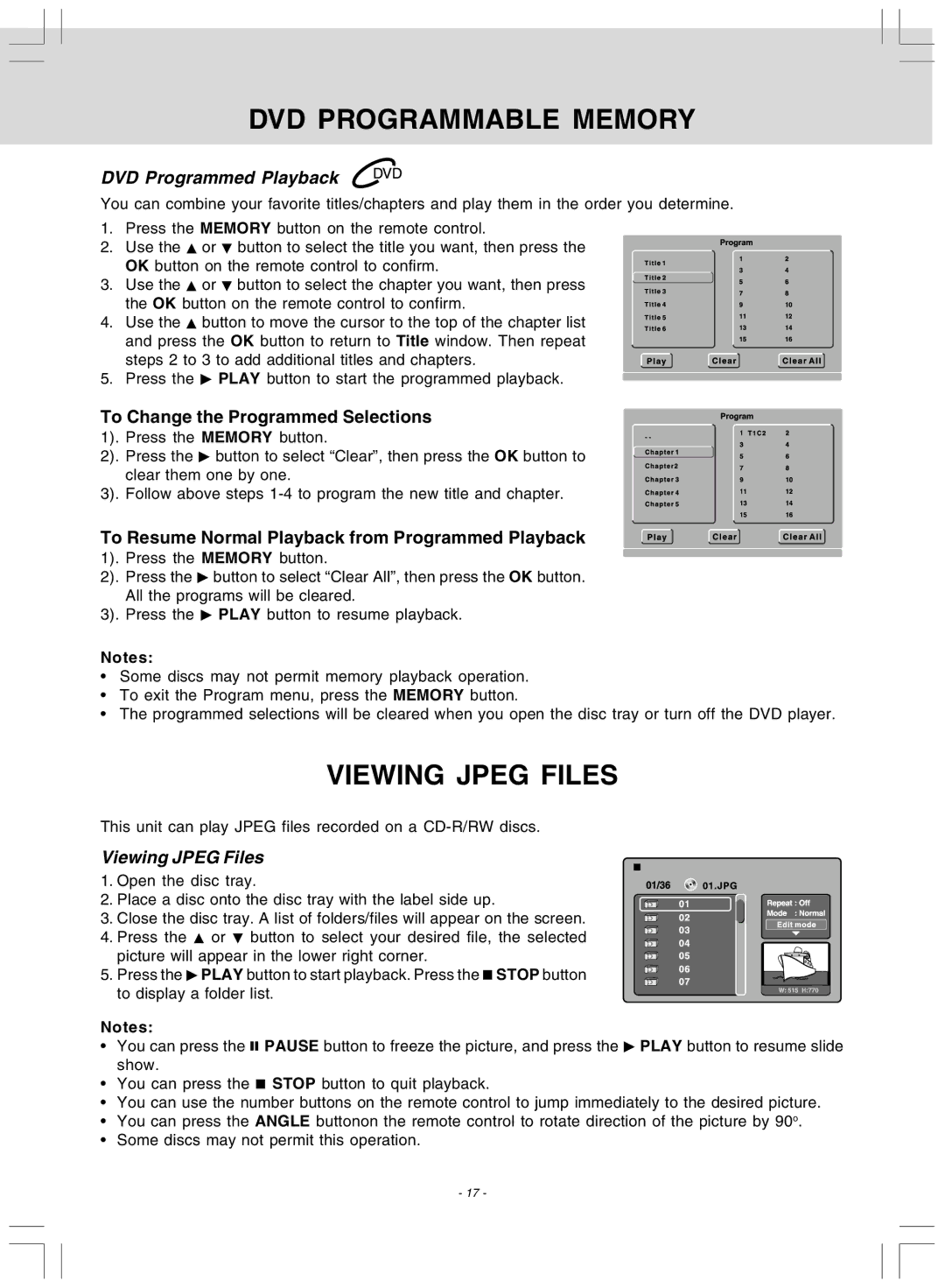 Audiovox DV 7300 operating instructions DVD Programmable Memory, Viewing Jpeg Files, DVD Programmed Playback 