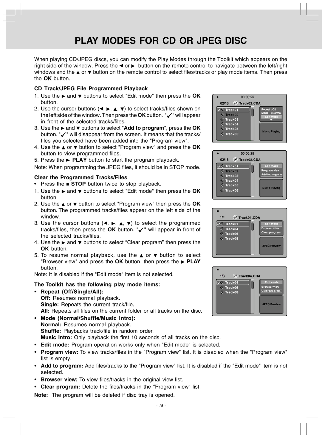 Audiovox DV 7300 Play Modes for CD or Jpeg Disc, CD Track/JPEG File Programmed Playback, Clear the Programmed Tracks/Files 