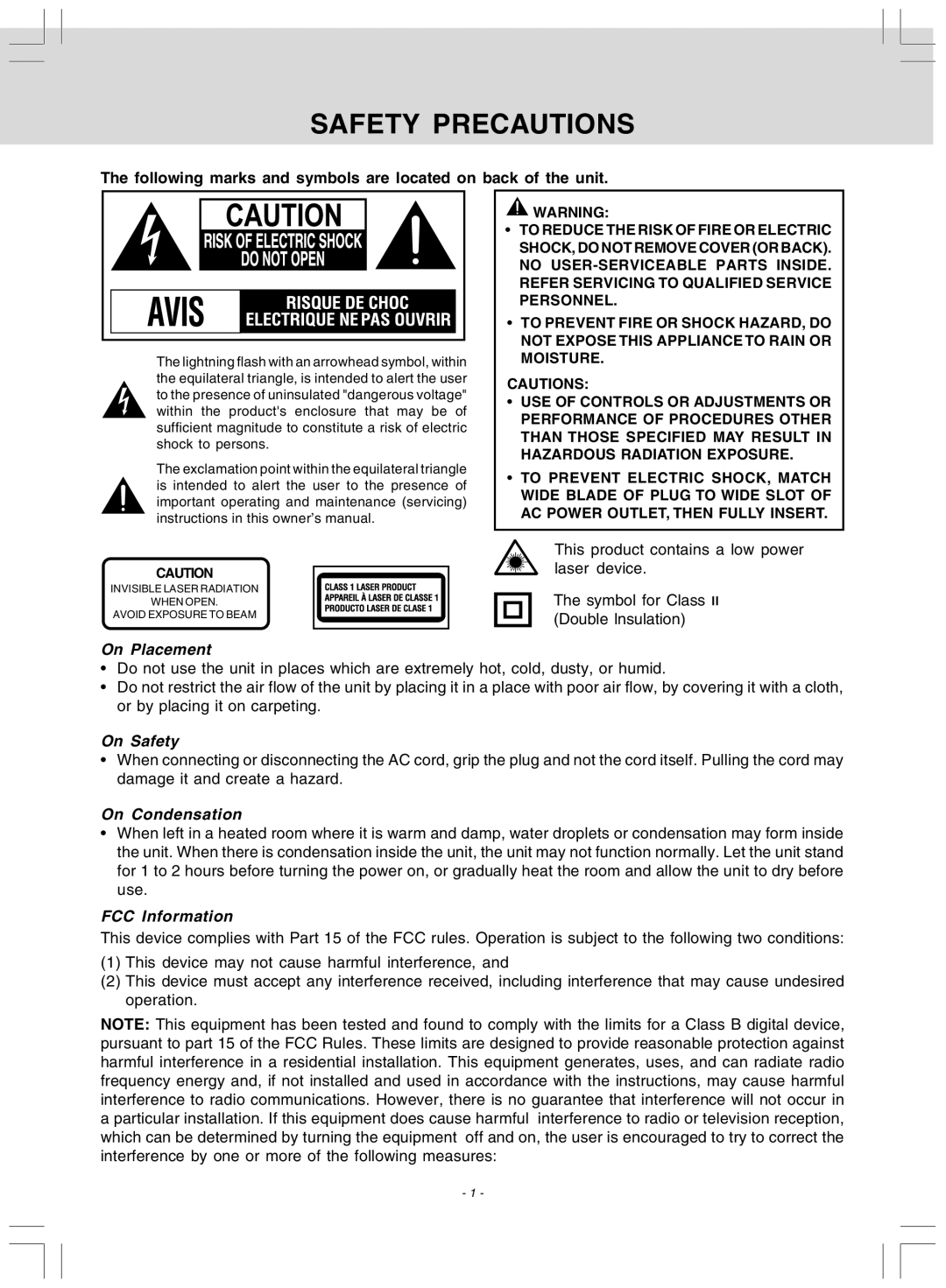 Audiovox DV 7300 operating instructions Safety Precautions, On Placement, On Safety, On Condensation, FCC Information 