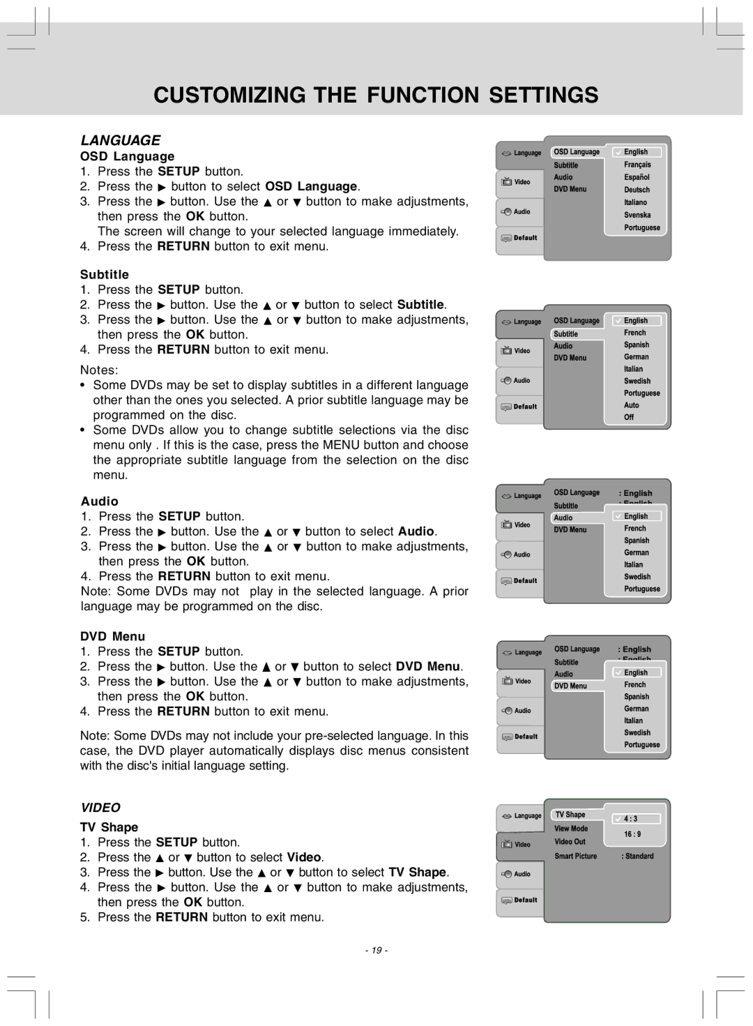 Audiovox DV 7300 operating instructions Customizing the Function Settings 