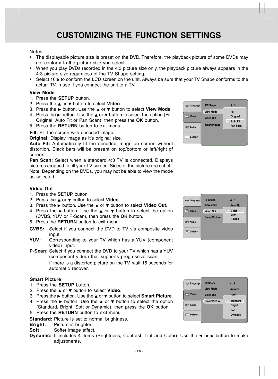 Audiovox DV 7300 operating instructions View Mode, Video Out, Smart Picture 