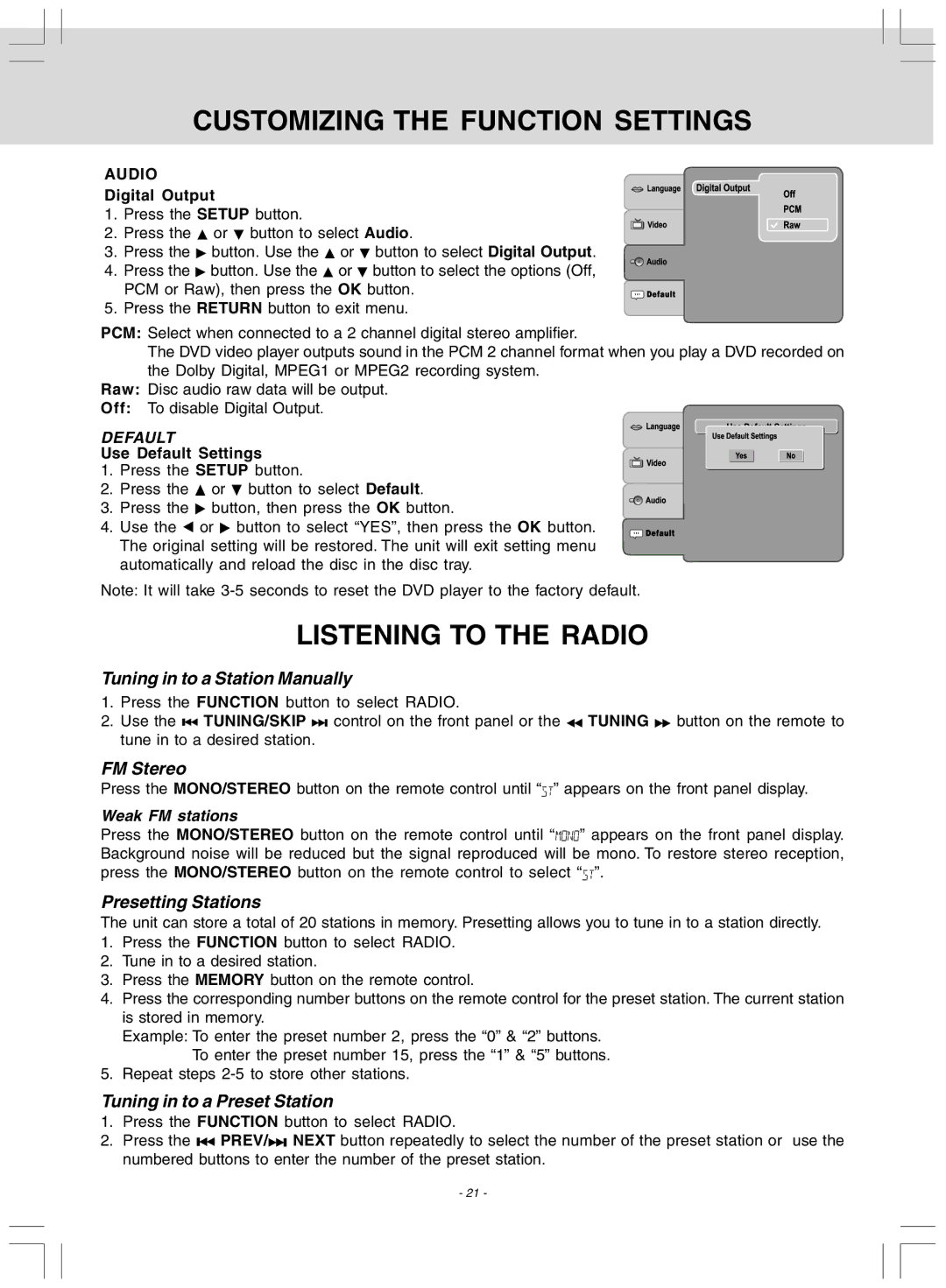 Audiovox DV 7300 Listening to the Radio, Tuning in to a Station Manually, FM Stereo, Presetting Stations 