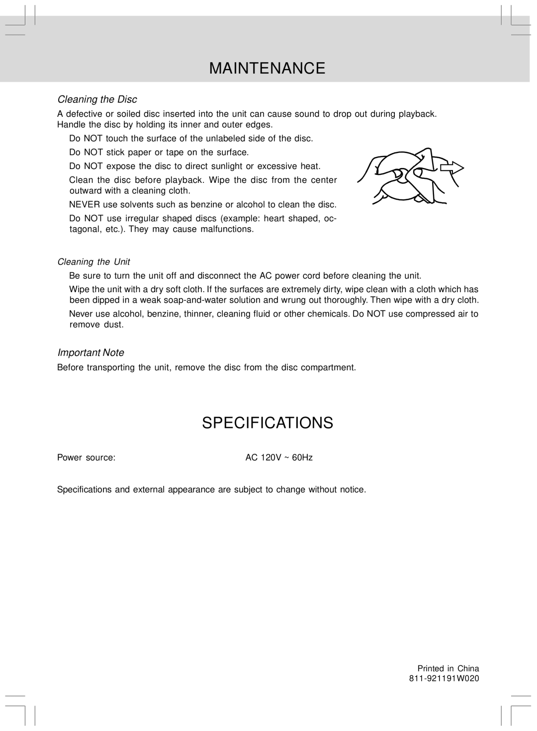 Audiovox DV 7300 operating instructions Maintenance, Specifications, Cleaning the Disc, Important Note, Cleaning the Unit 