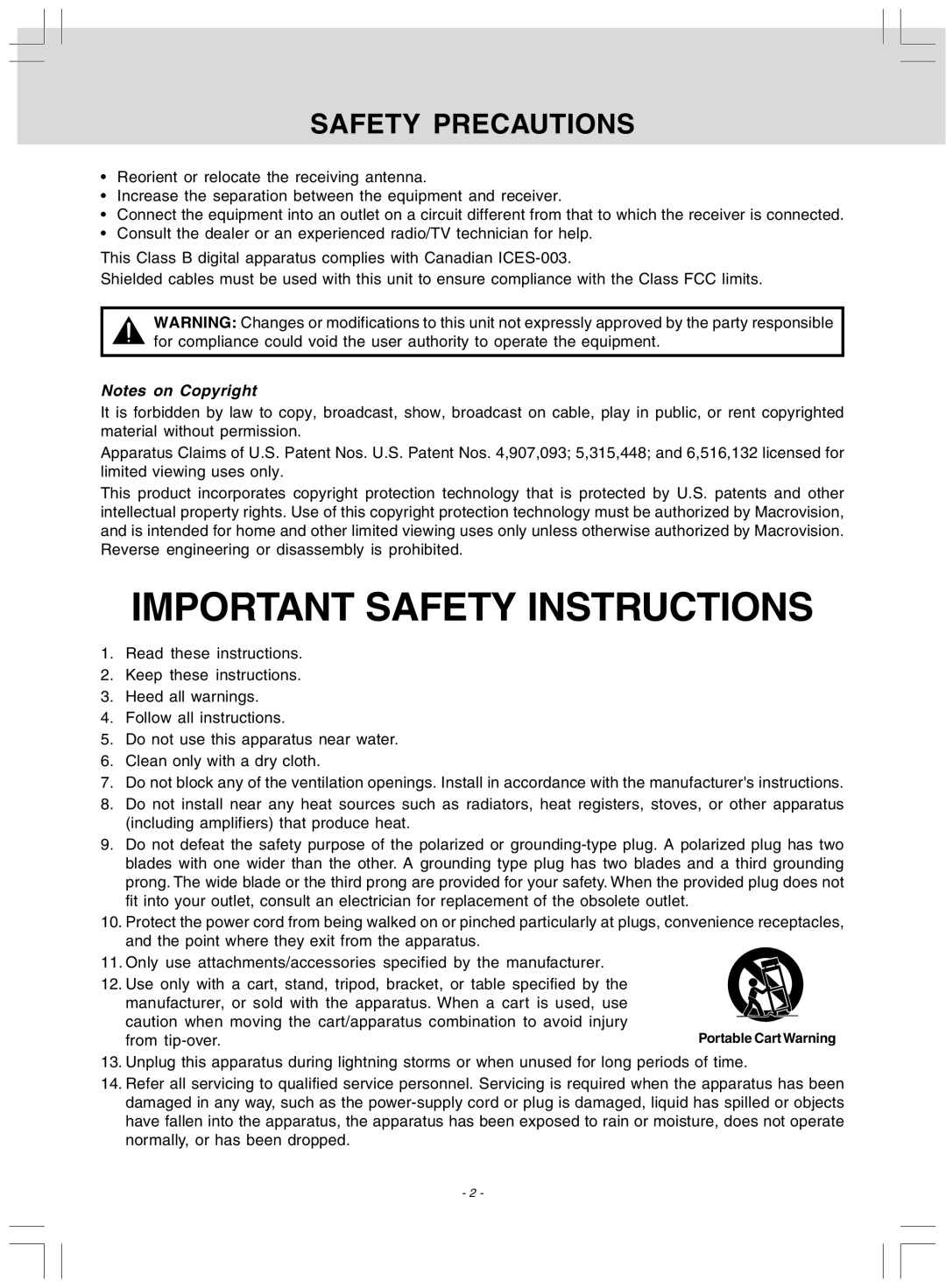 Audiovox DV 7300 operating instructions Important Safety Instructions 