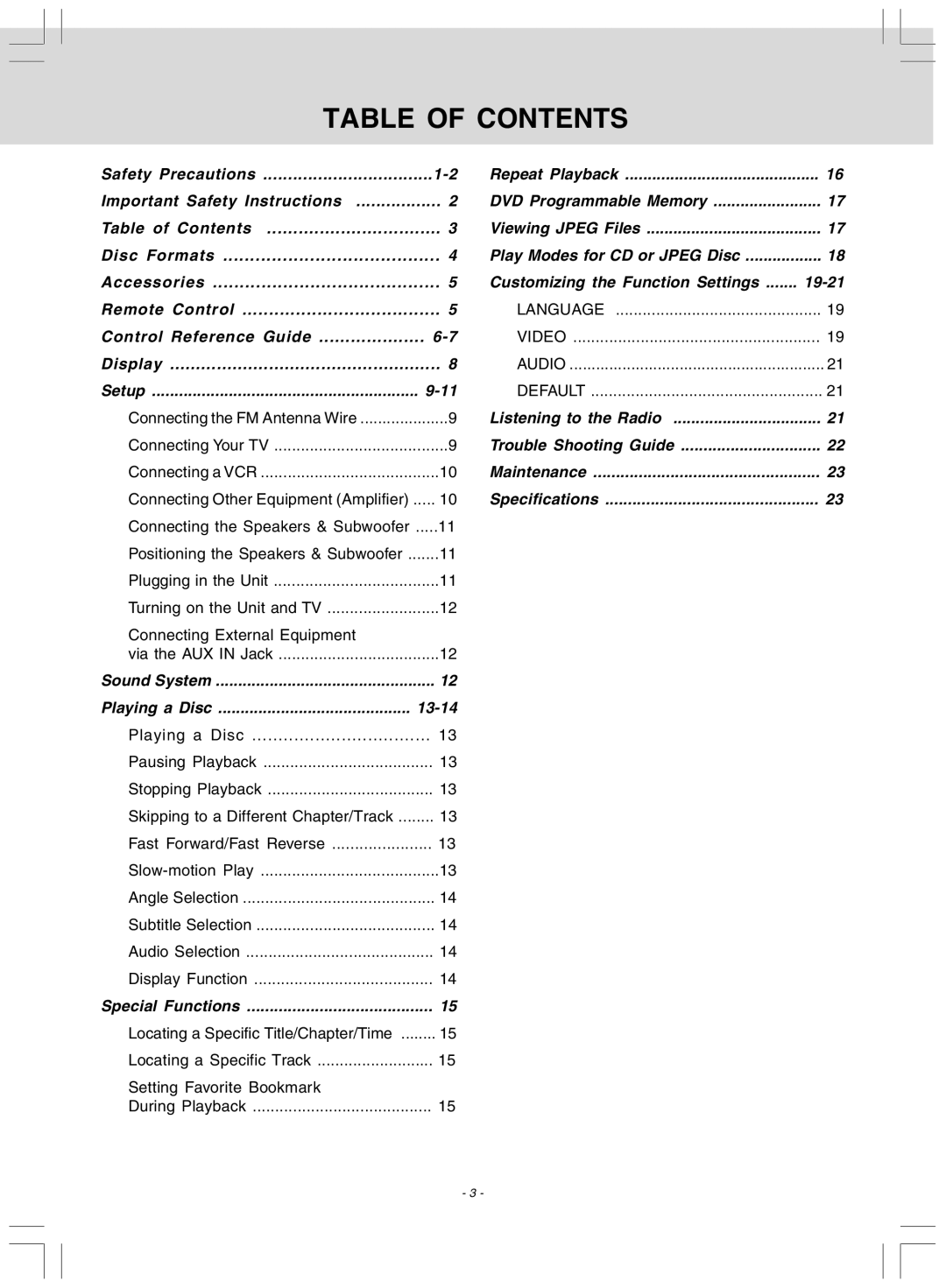 Audiovox DV 7300 operating instructions Table of Contents 