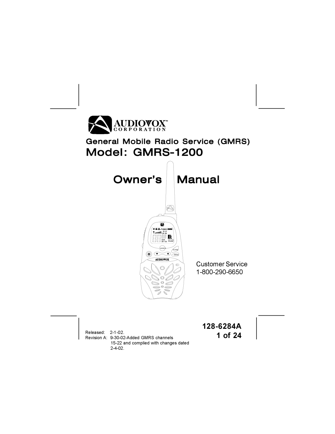 Audiovox DV1200 manual Model GMRS-1200 