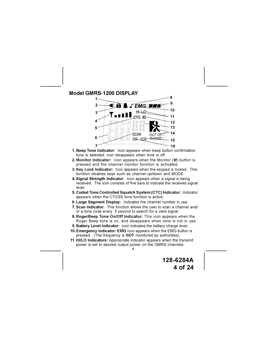 Audiovox DV1200 manual Model GMRS-1200 Display, Emg 