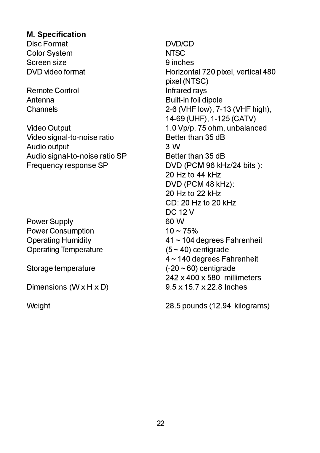 Audiovox DV9000 owner manual Specification, Ntsc 