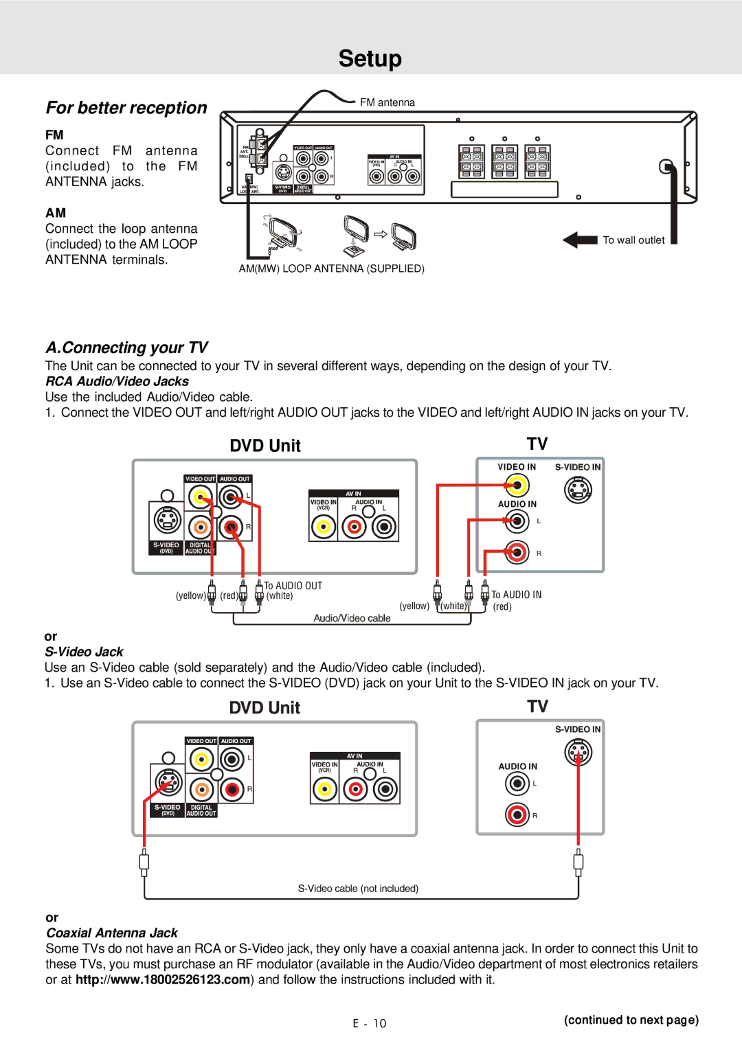 Audiovox DVD Home Theater System manual Setup, For better reception, Connecting your TV 