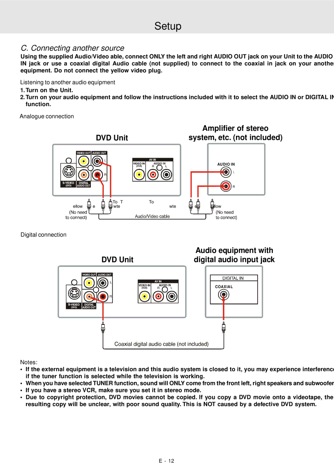 Audiovox DVD Home Theater System Connecting another source, Listening to another audio equipment, Analogue connection 