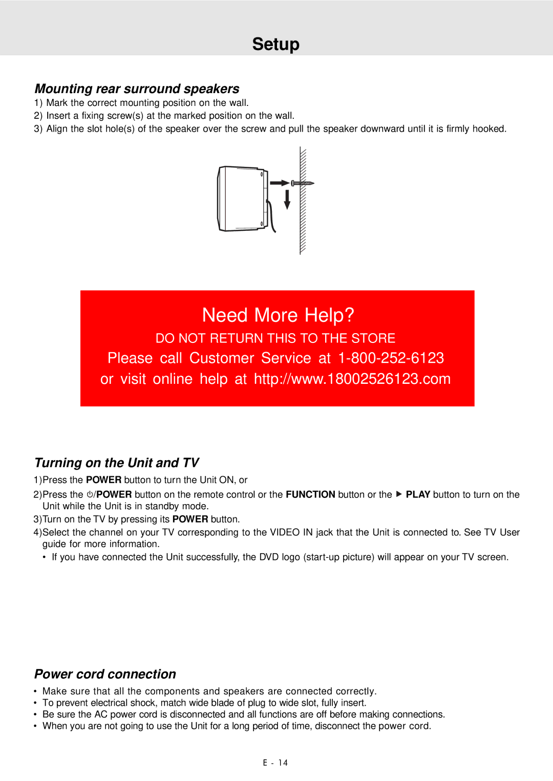 Audiovox DVD Home Theater System manual Mounting rear surround speakers, Turning on the Unit and TV, Power cord connection 