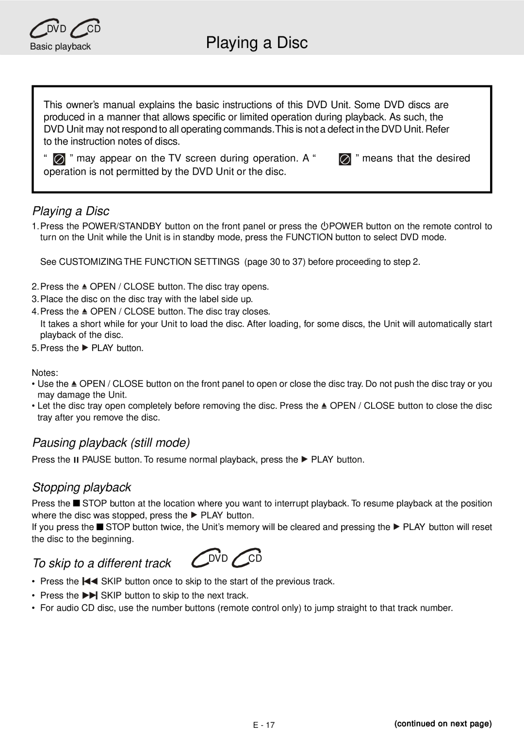 Audiovox DVD Home Theater System manual Playing a Disc, Pausing playback still mode, Stopping playback 