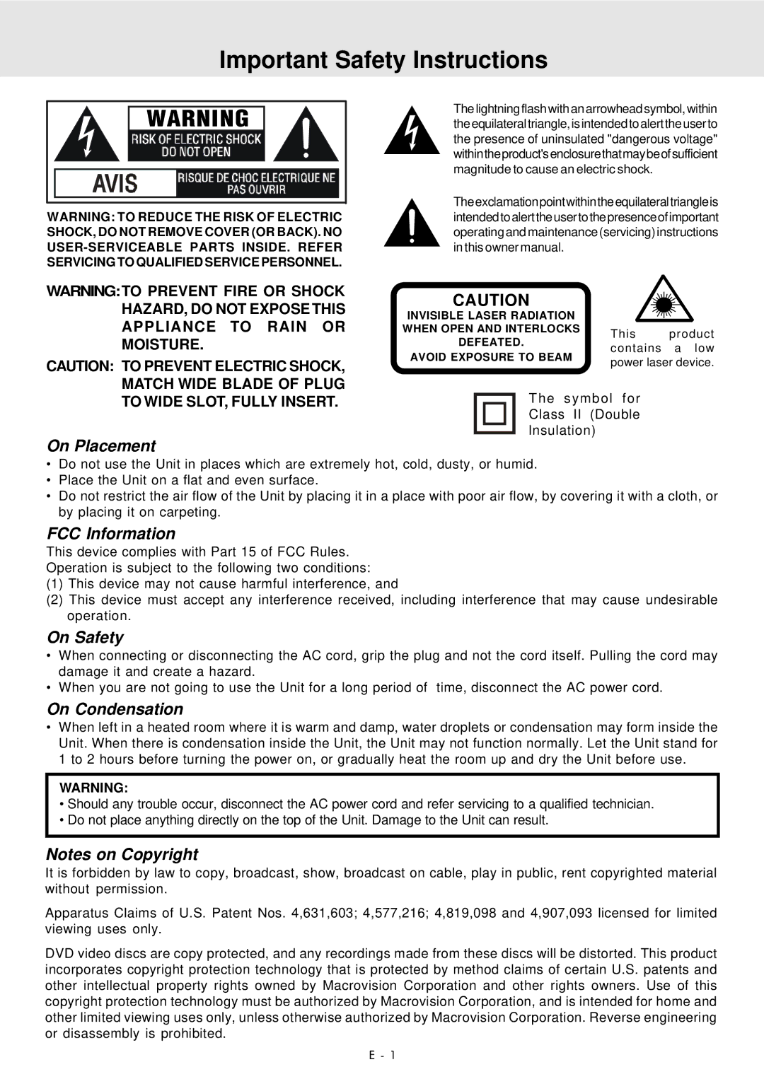 Audiovox DVD Home Theater System Important Safety Instructions, On Placement, FCC Information, On Safety, On Condensation 