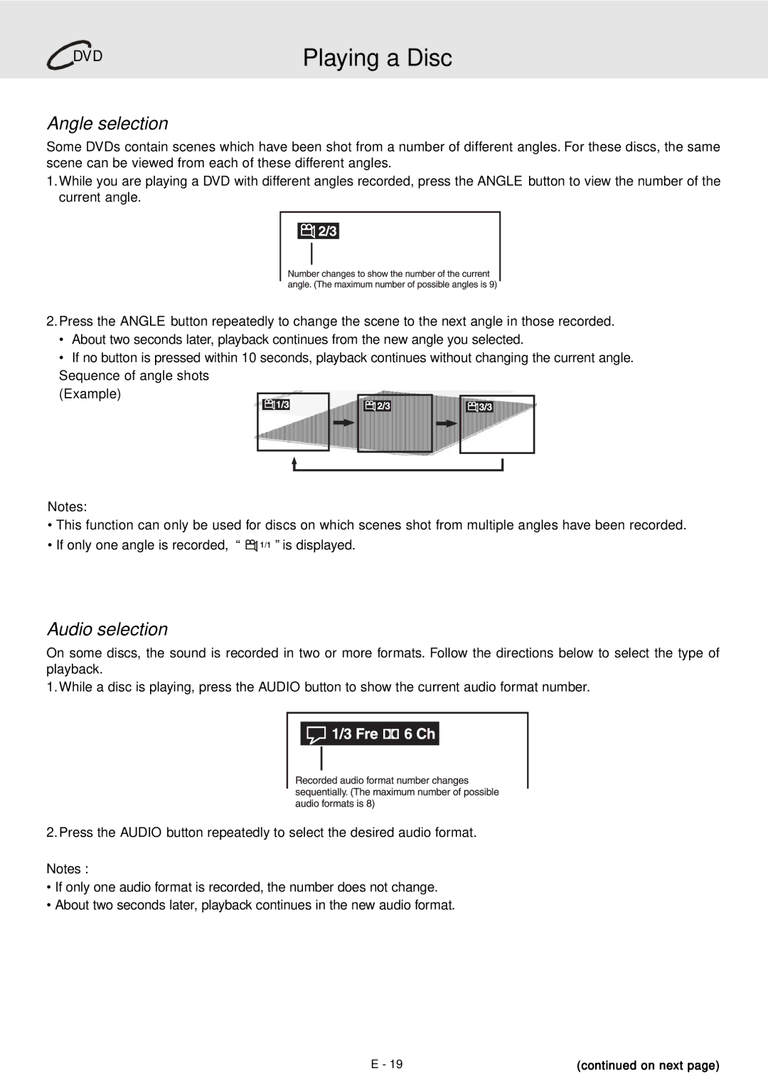 Audiovox DVD Home Theater System manual Angle selection, Audio selection, Sequence of angle shots 