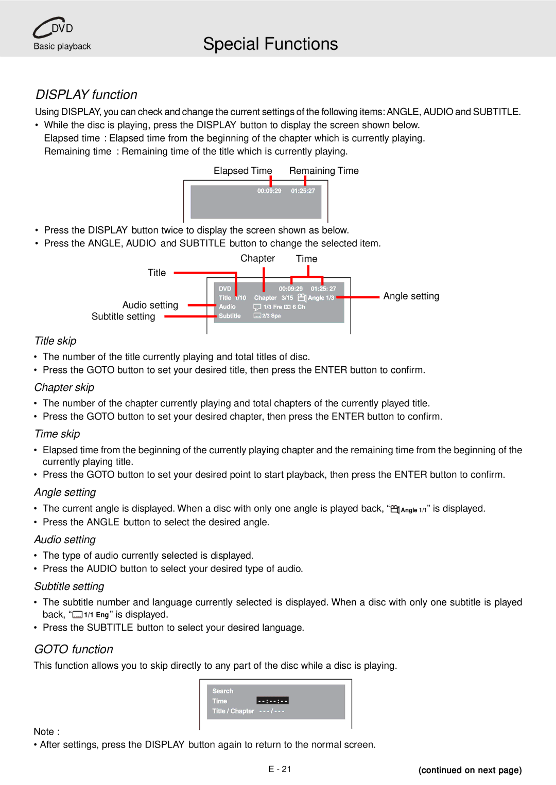 Audiovox DVD Home Theater System manual Special Functions, Display function, Goto function, Elapsed Time Remaining Time 