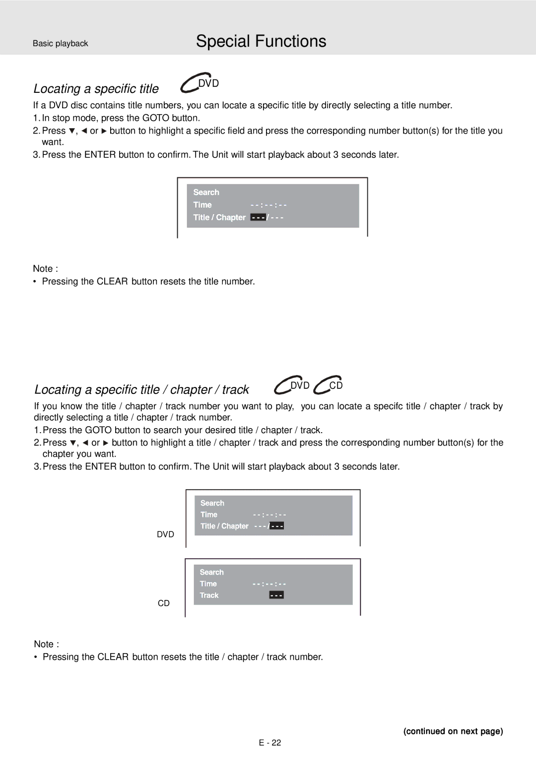 Audiovox DVD Home Theater System manual Locating a specific title DVD, Locating a specific title / chapter / track DVD CD 