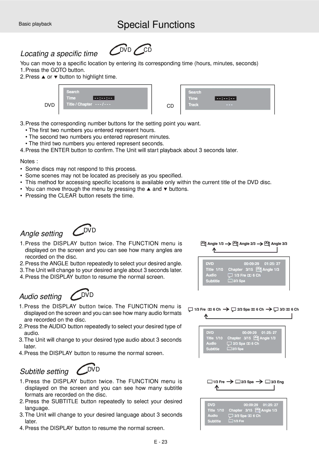 Audiovox DVD Home Theater System Locating a specific time, Angle setting DVD, Audio setting DVD, Subtitle setting DVD 