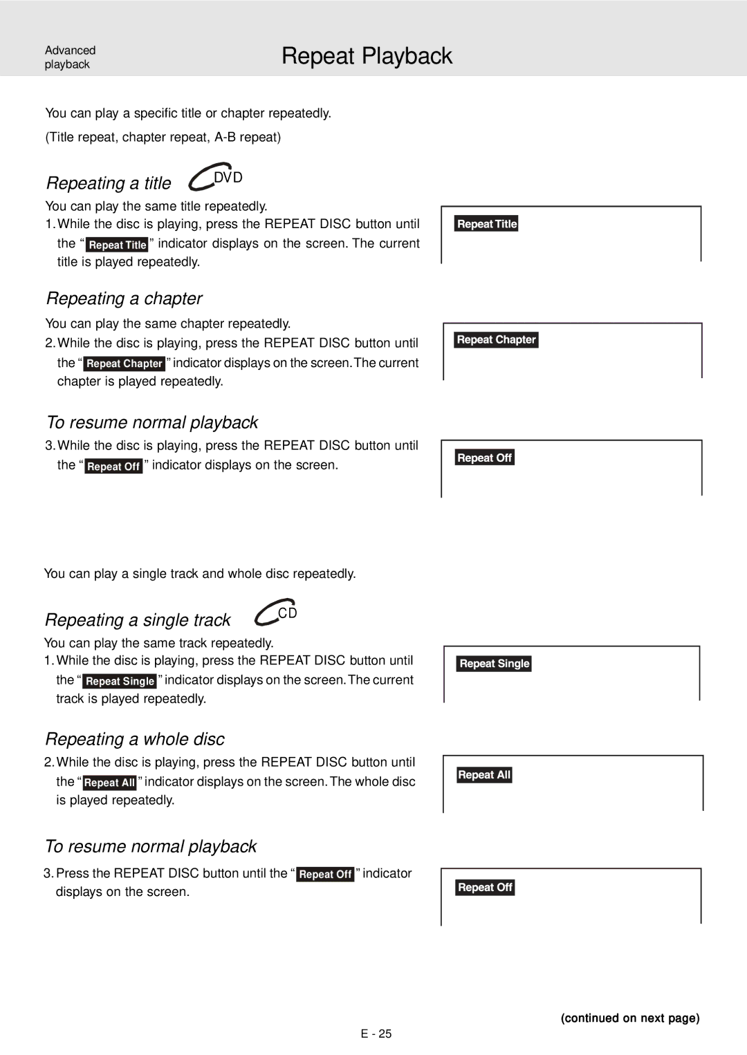 Audiovox DVD Home Theater System manual Repeat Playback 