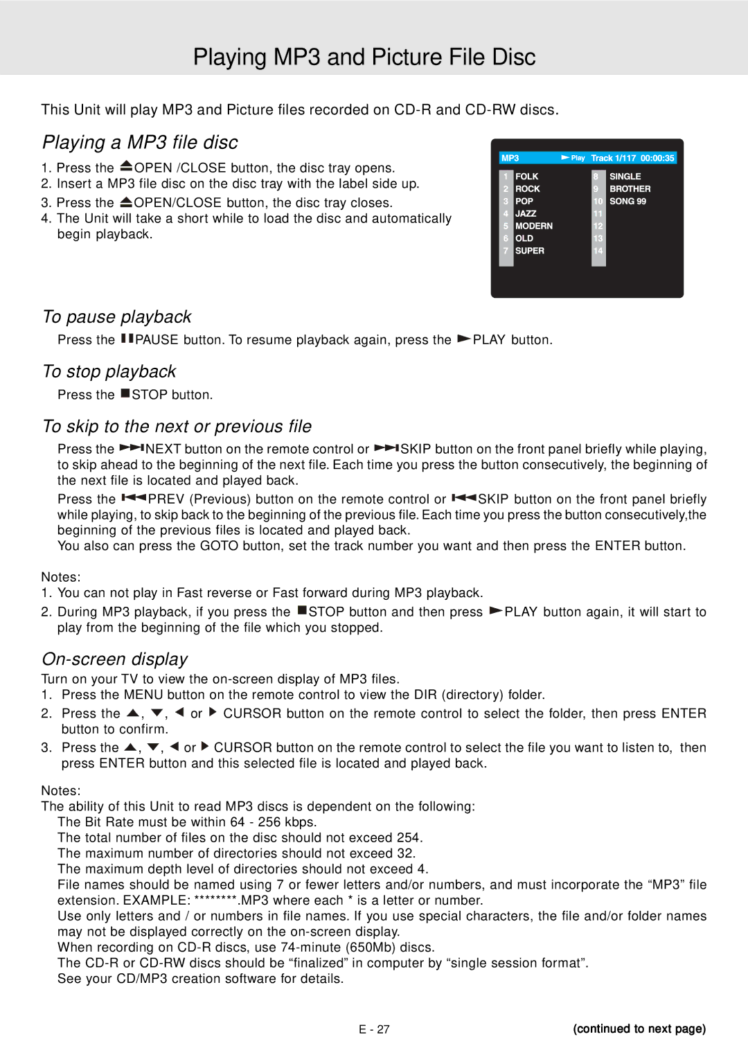 Audiovox DVD Home Theater System manual Playing MP3 and Picture File Disc, Playing a MP3 file disc 