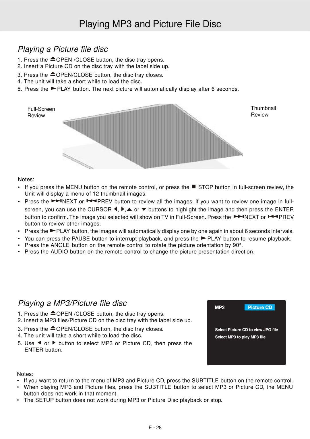 Audiovox DVD Home Theater System manual Playing a Picture file disc, Playing a MP3/Picture file disc 