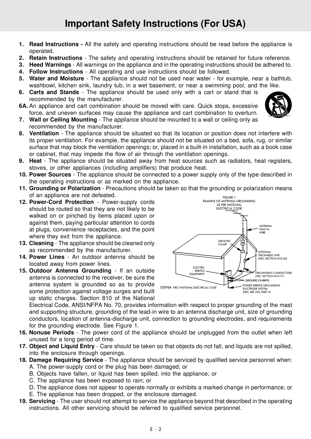 Audiovox DVD Home Theater System manual Important Safety Instructions For USA 