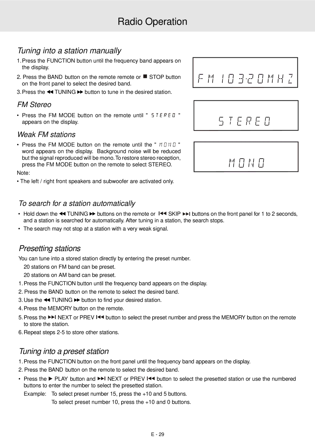 Audiovox DVD Home Theater System Radio Operation, Tuning into a station manually, Presetting stations 