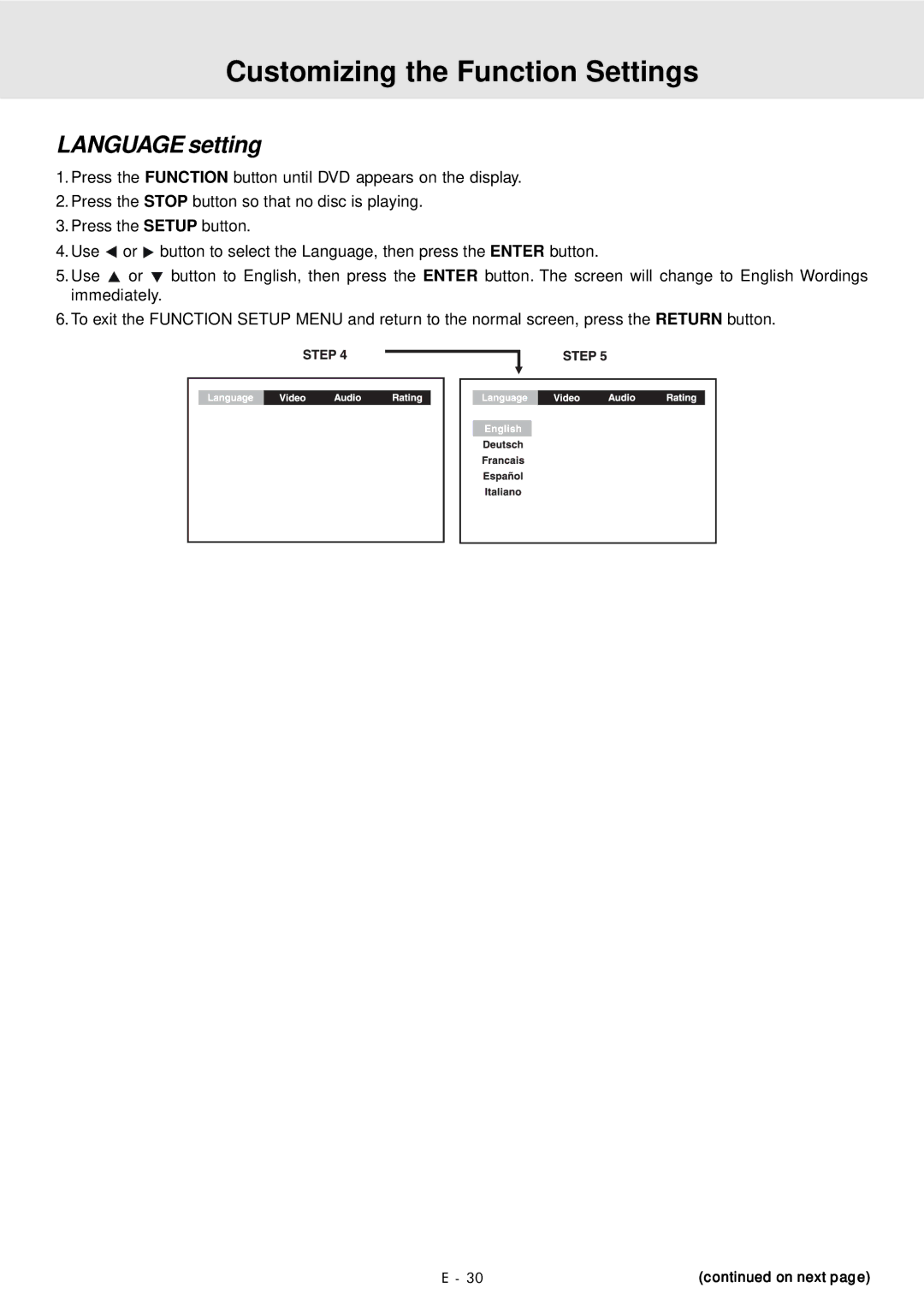 Audiovox DVD Home Theater System manual Customizing the Function Settings, Language setting 