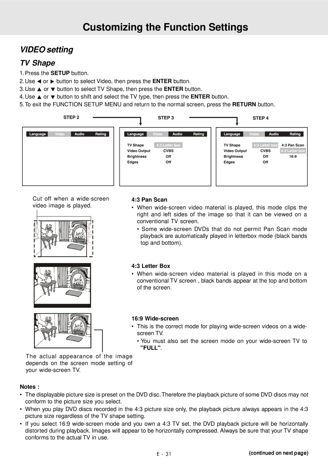 Audiovox DVD Home Theater System manual Video setting, TV Shape, Pan Scan, Letter Box, Wide-screen 