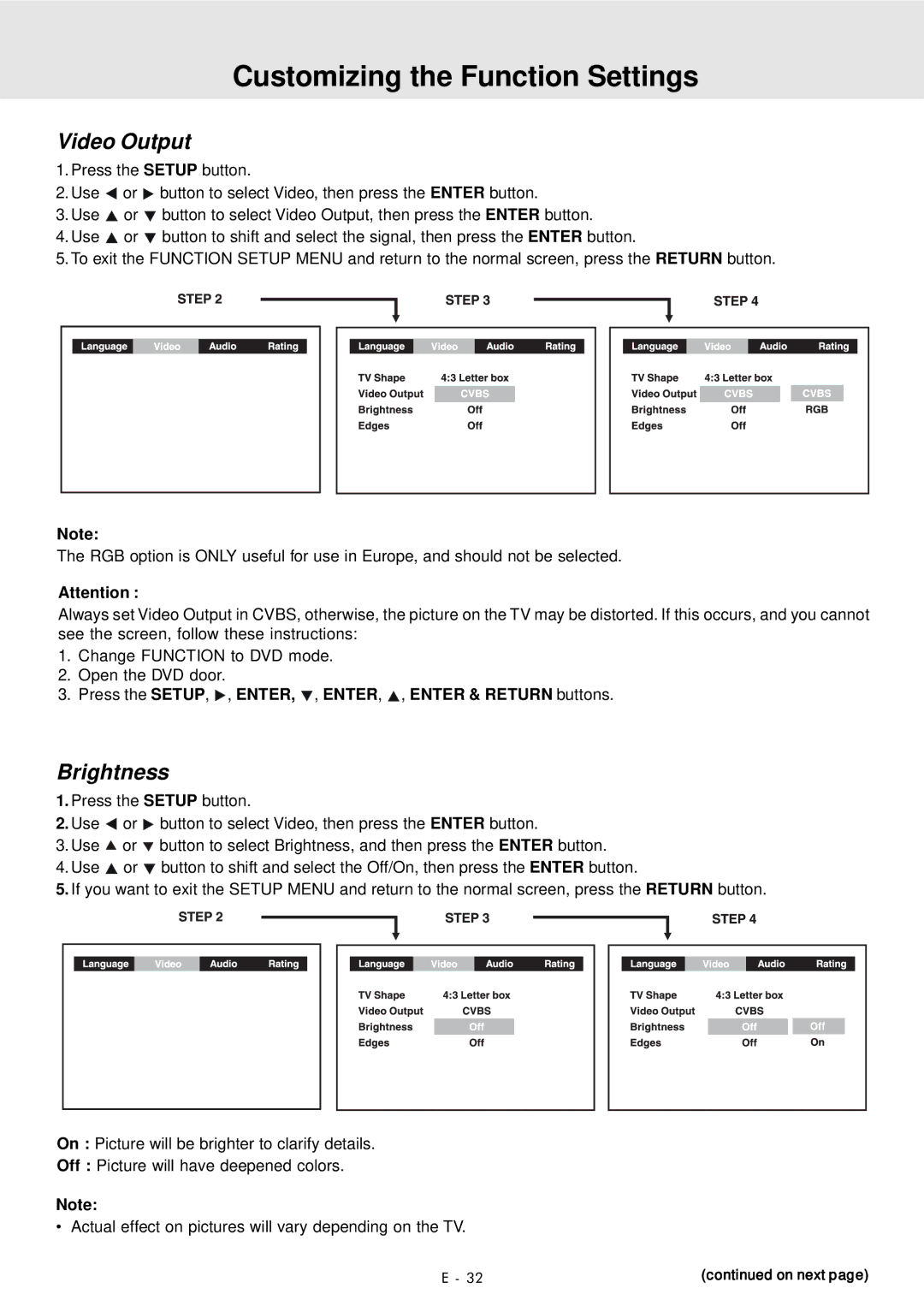 Audiovox DVD Home Theater System Video Output, Brightness, Press the SETUP, , ENTER, , ENTER, , Enter & Return buttons 