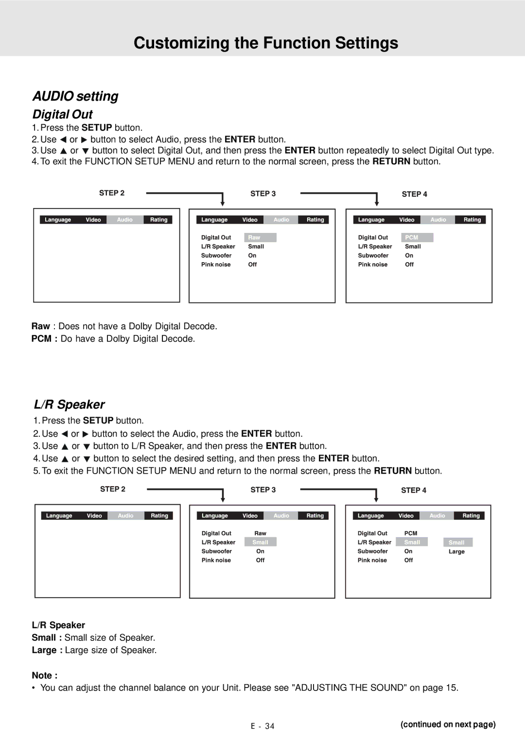 Audiovox DVD Home Theater System manual Audio setting, Digital Out, Speaker 