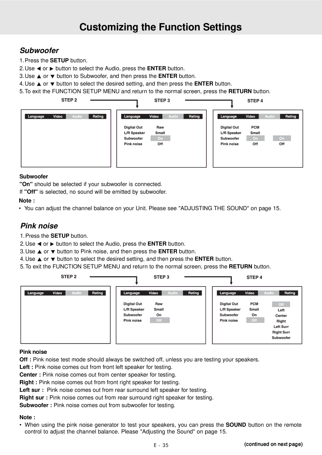 Audiovox DVD Home Theater System manual Subwoofer, Pink noise 