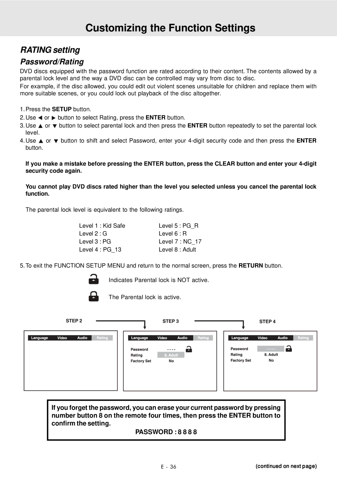 Audiovox DVD Home Theater System manual Rating setting, Password/Rating 