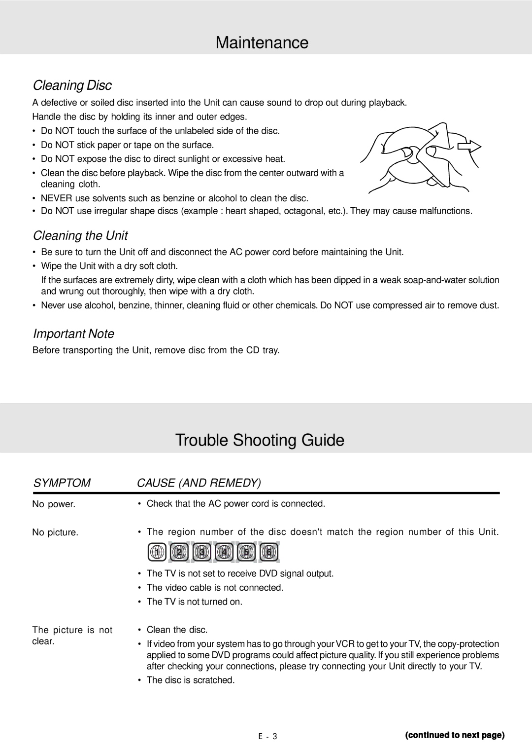 Audiovox DVD Home Theater System Maintenance, Trouble Shooting Guide, Cleaning Disc, Cleaning the Unit, Important Note 