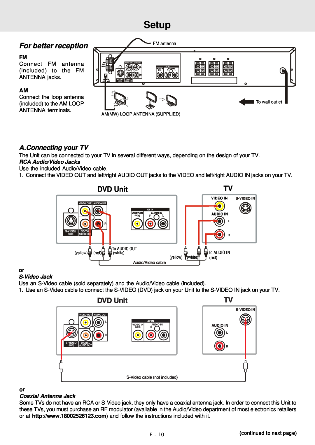 Audiovox DVD Home Theater System manual Setup, For better reception, DVD Unit, A.Connecting your TV 