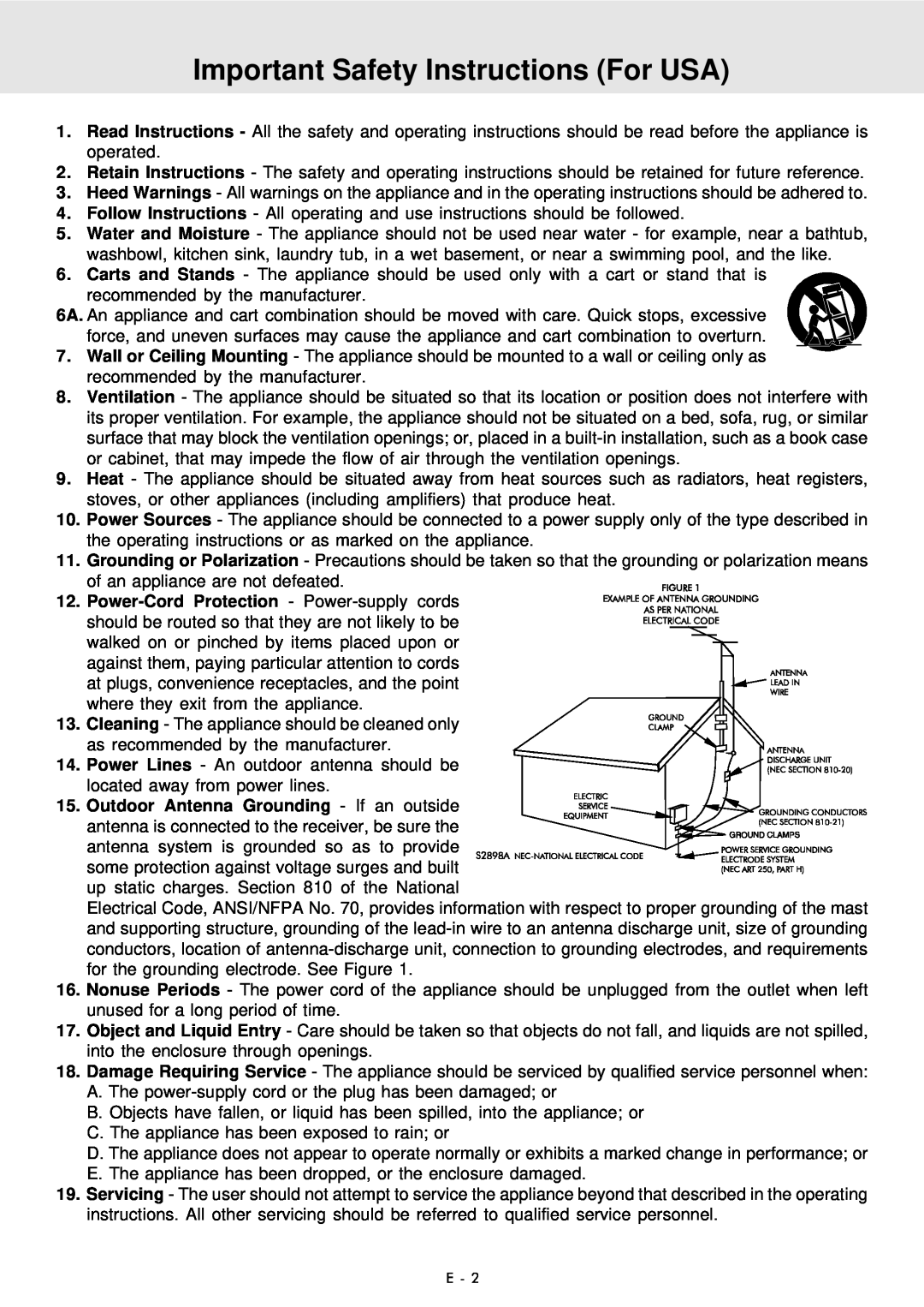 Audiovox DVD Home Theater System manual Important Safety Instructions For USA 