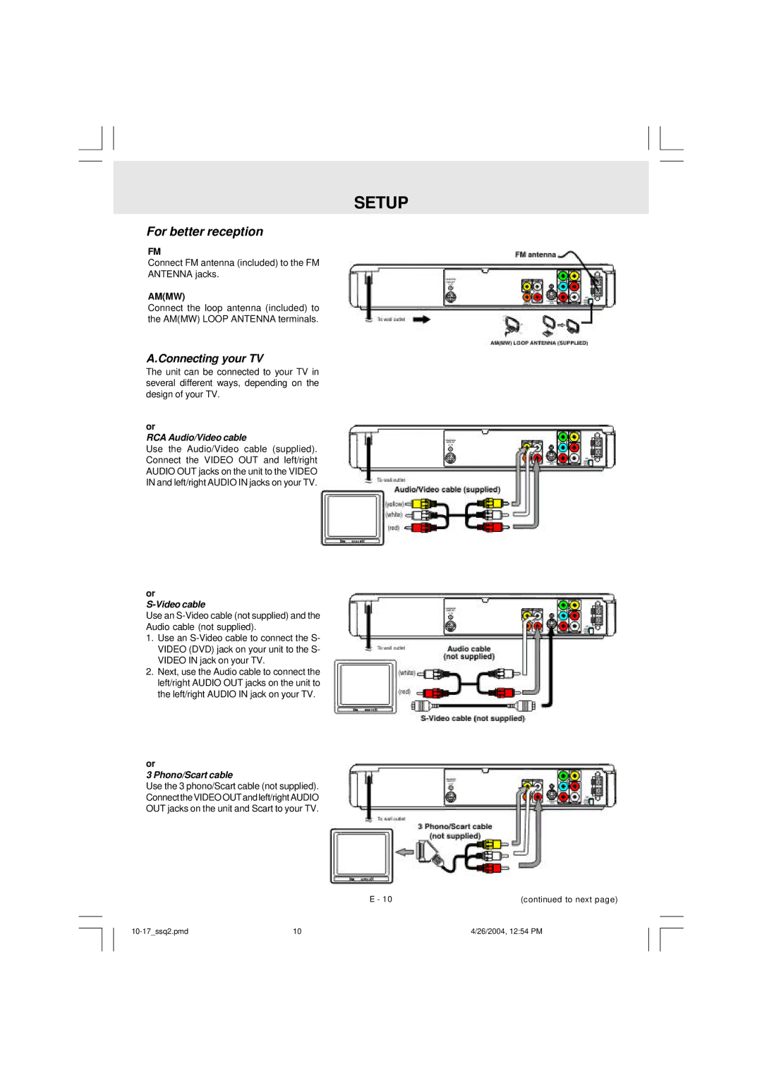 Audiovox DVD Home Theatre System CD-R/RW CD Playback owner manual Setup, For better reception, Connecting your TV 