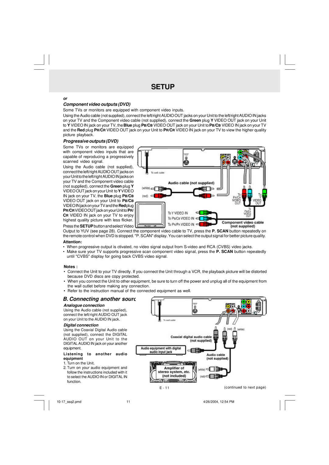 Audiovox DVD Home Theatre System CD-R/RW CD Playback Connecting another source, Press the Setup button and select Video 