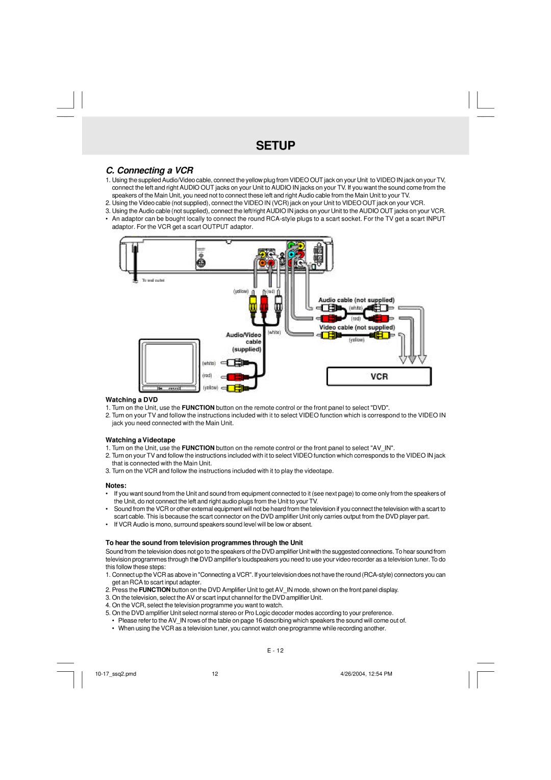 Audiovox DVD Home Theatre System CD-R/RW CD Playback owner manual Connecting a VCR, Watching a DVD, Watching a Videotape 