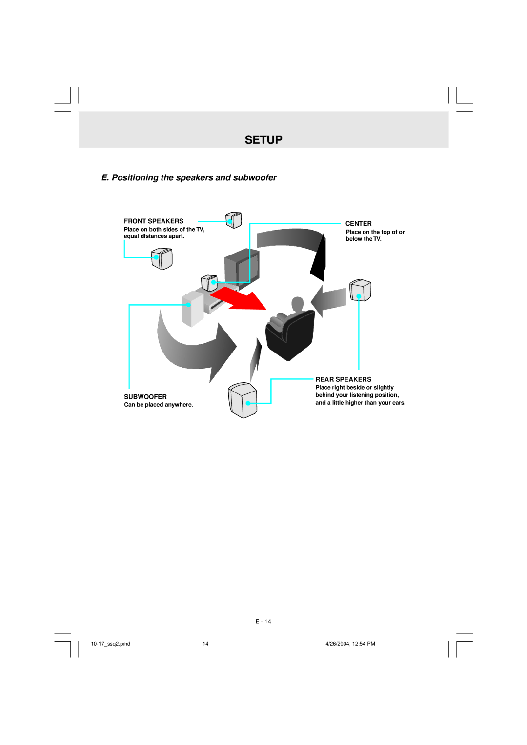 Audiovox DVD Home Theatre System CD-R/RW CD Playback owner manual Positioning the speakers and subwoofer, Subwoofer 