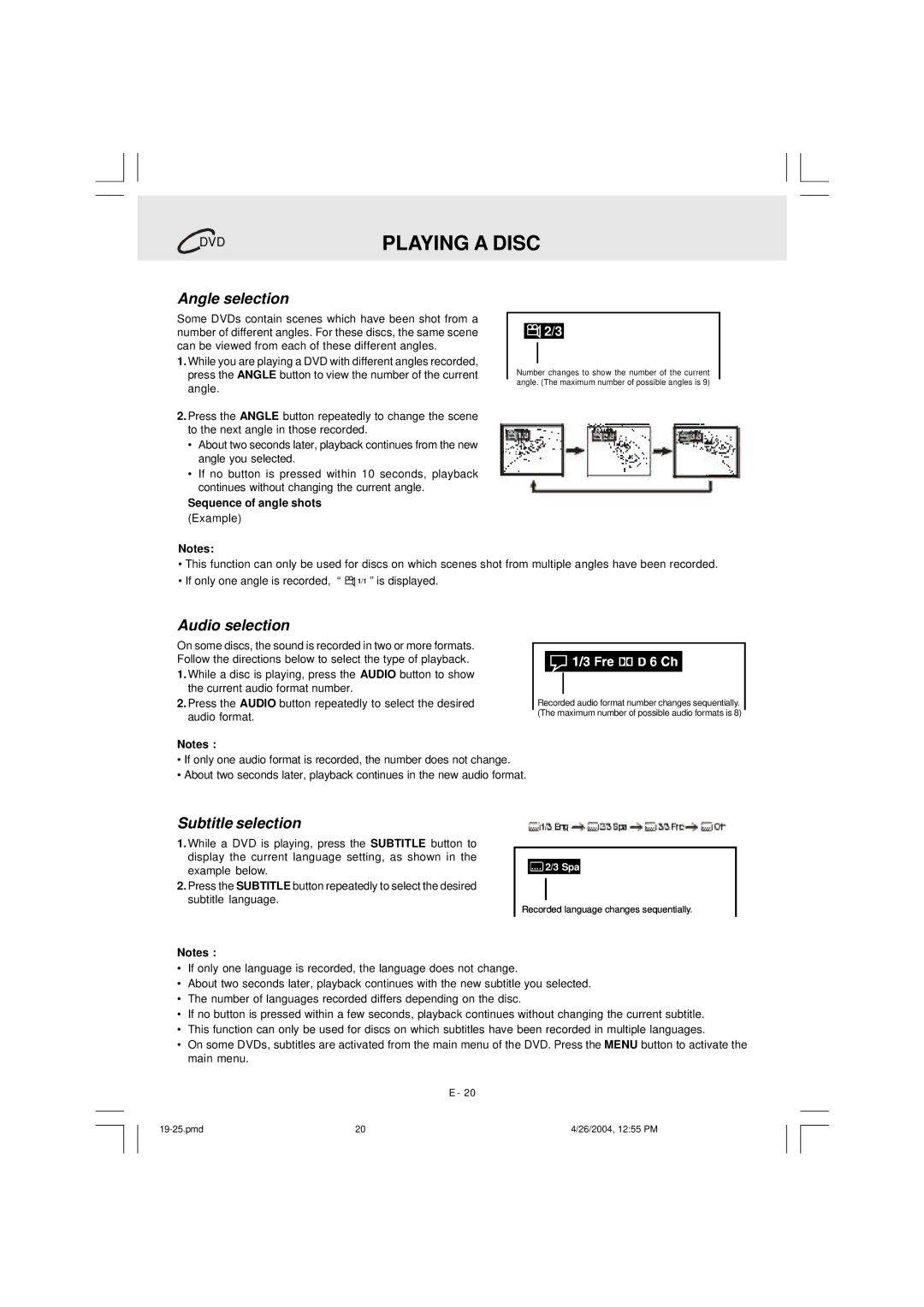 Audiovox DVD Home Theatre System CD-R/RW CD Playback Angle selection, Audio selection, Subtitle selection, Example 