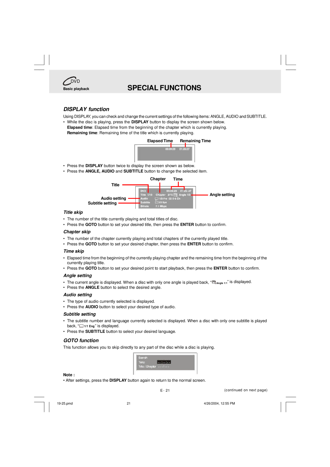 Audiovox DVD Home Theatre System CD-R/RW CD Playback owner manual Special Functions, Display function, Goto function 